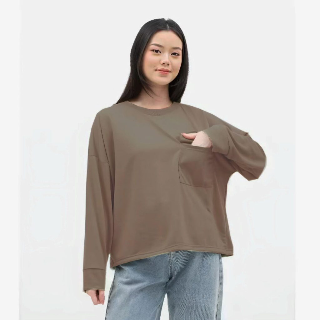 Akano Oversize T-shirt Wanita Lengan Panjang Pocket