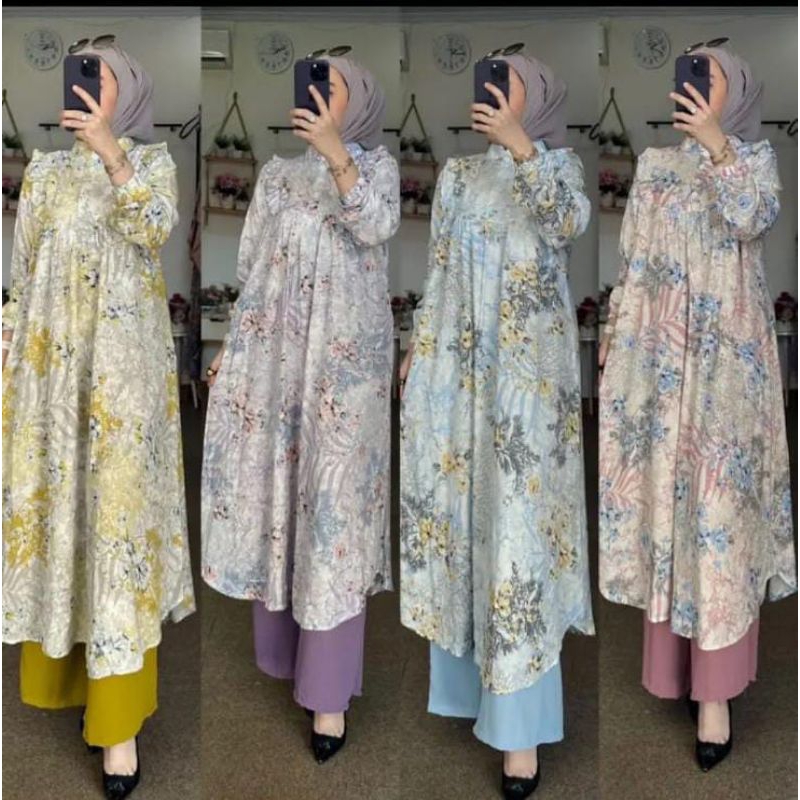 ONE SET ALUNA LONG TUNIK/SETELAN MIDI LONG TUNIK RAYON DIAMOND CELANA CRINGKEL