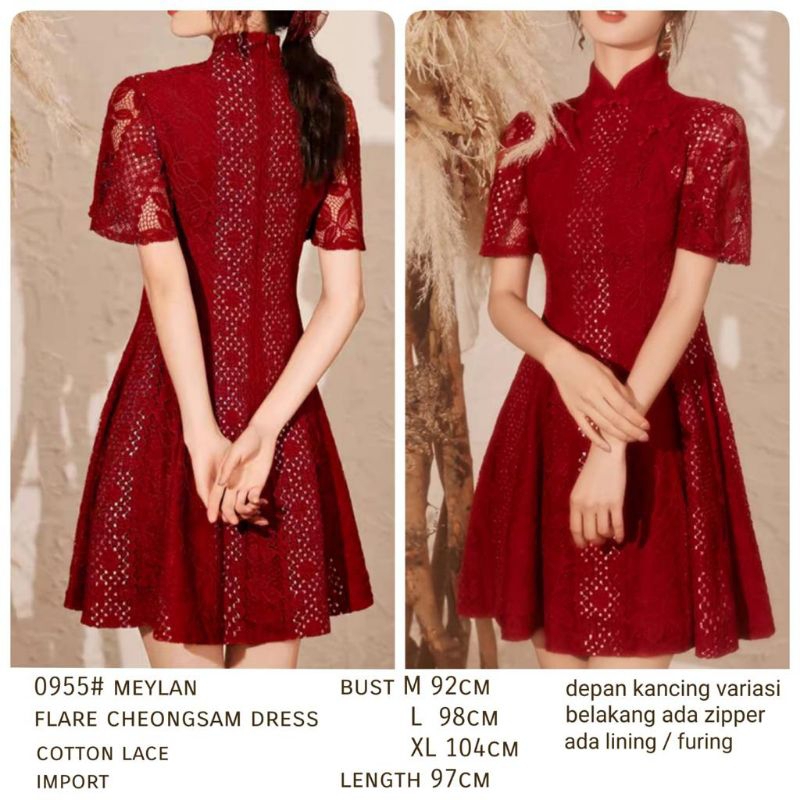 0955 Baju minidress CNY MEYLAN FLARE CHEONGSAM Renda brokat merah dres Korea Korean style wanita pre