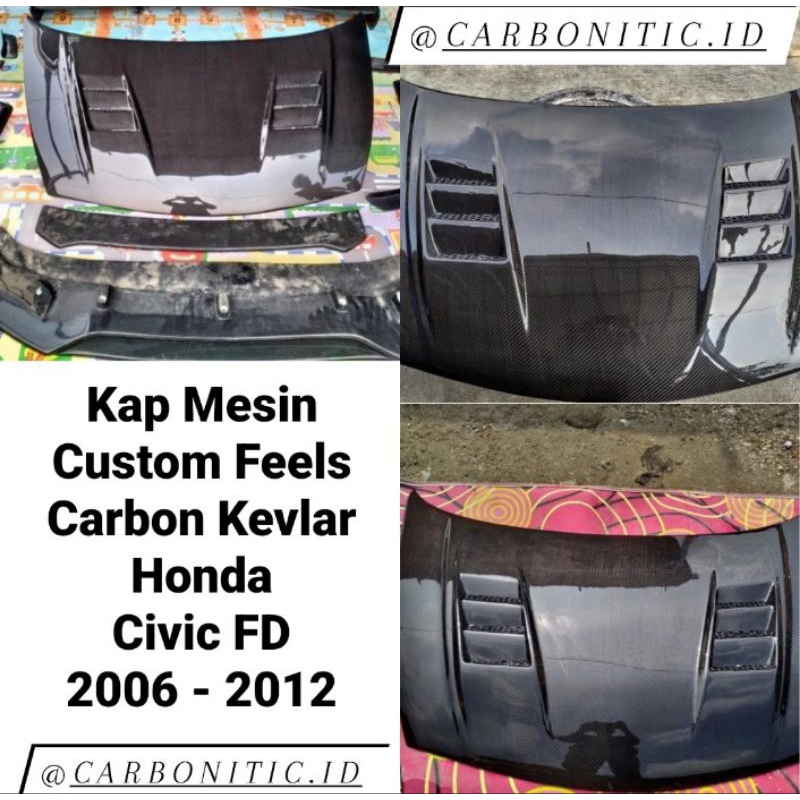 Kap Mesin Custom Model Feels Honda Civic Fd 2006 - 2012 Carbon Kevlar Asli