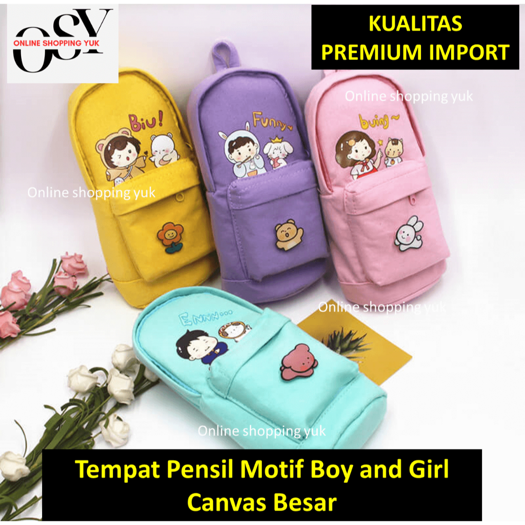 

TEMPAT PENCIL | KOTAK PENSIL MOTIF BOY AND GIRL KOREA | BONUS PIN CANTIK IMUT LUCU , BAHAN CANVAS KUAT, KAPASITAS BESAR JUMBO