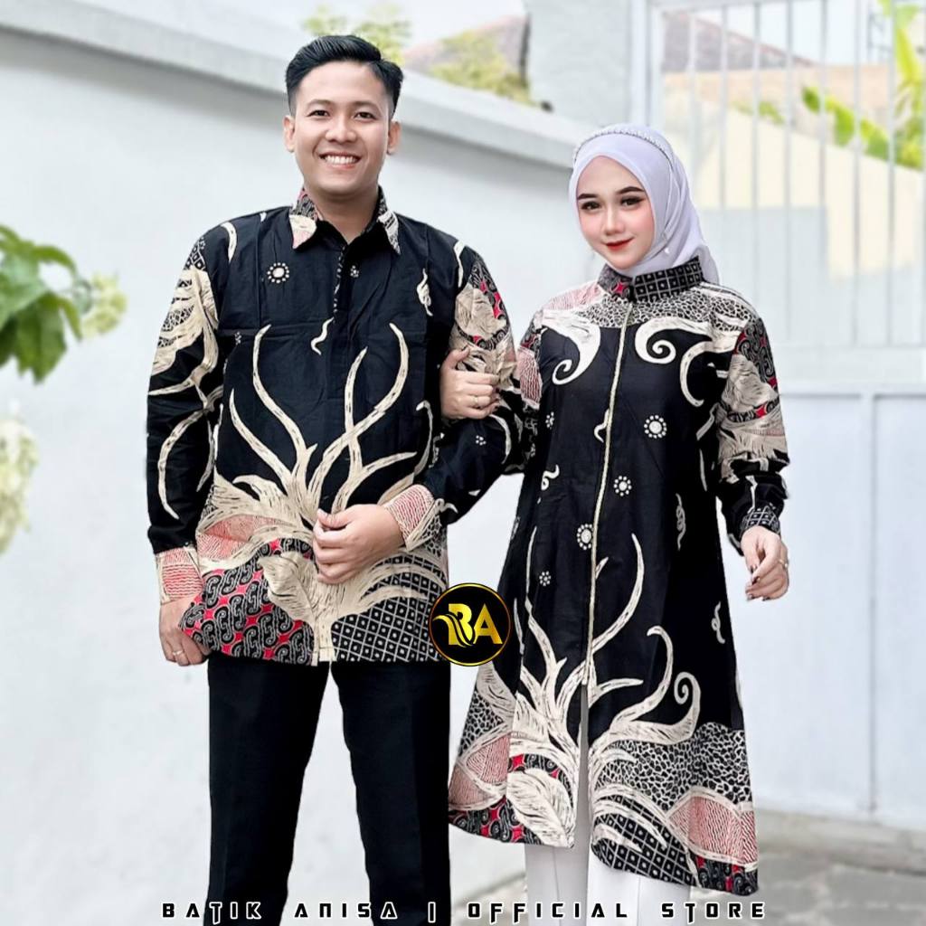 Baju Batik Couple ilalang Hitam Tunik Kemeja Sarimbit Lengan Panjang Motif New Seno M-XXXL Jumbo