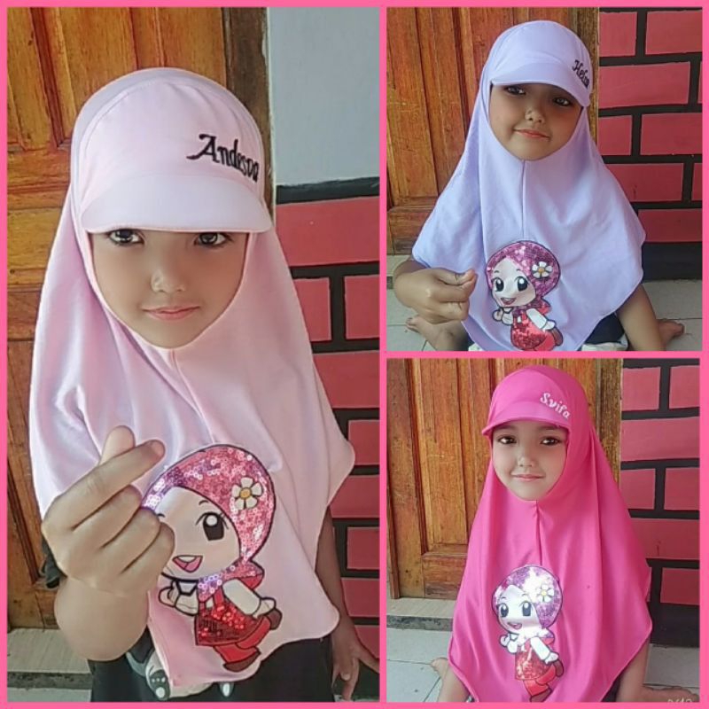 Hijab Topi Anak JILBAB TOPI JILBAB ANAK TOPI KERUDUNG TOPI ANAK HIJAB NAMA bahan kaos pe jadi mudah nyerap keringat