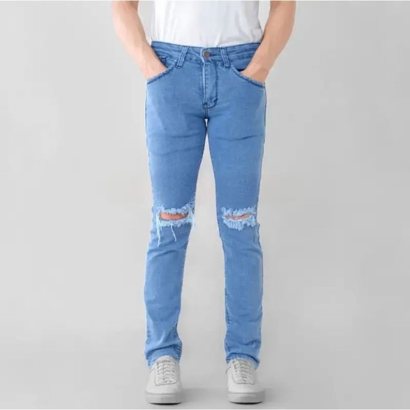 Celana Jeans Pria Sobek Ripped - Celana Jeans Panjang Slimfit Sobek Lutut Hitam Biru muda Jumbo