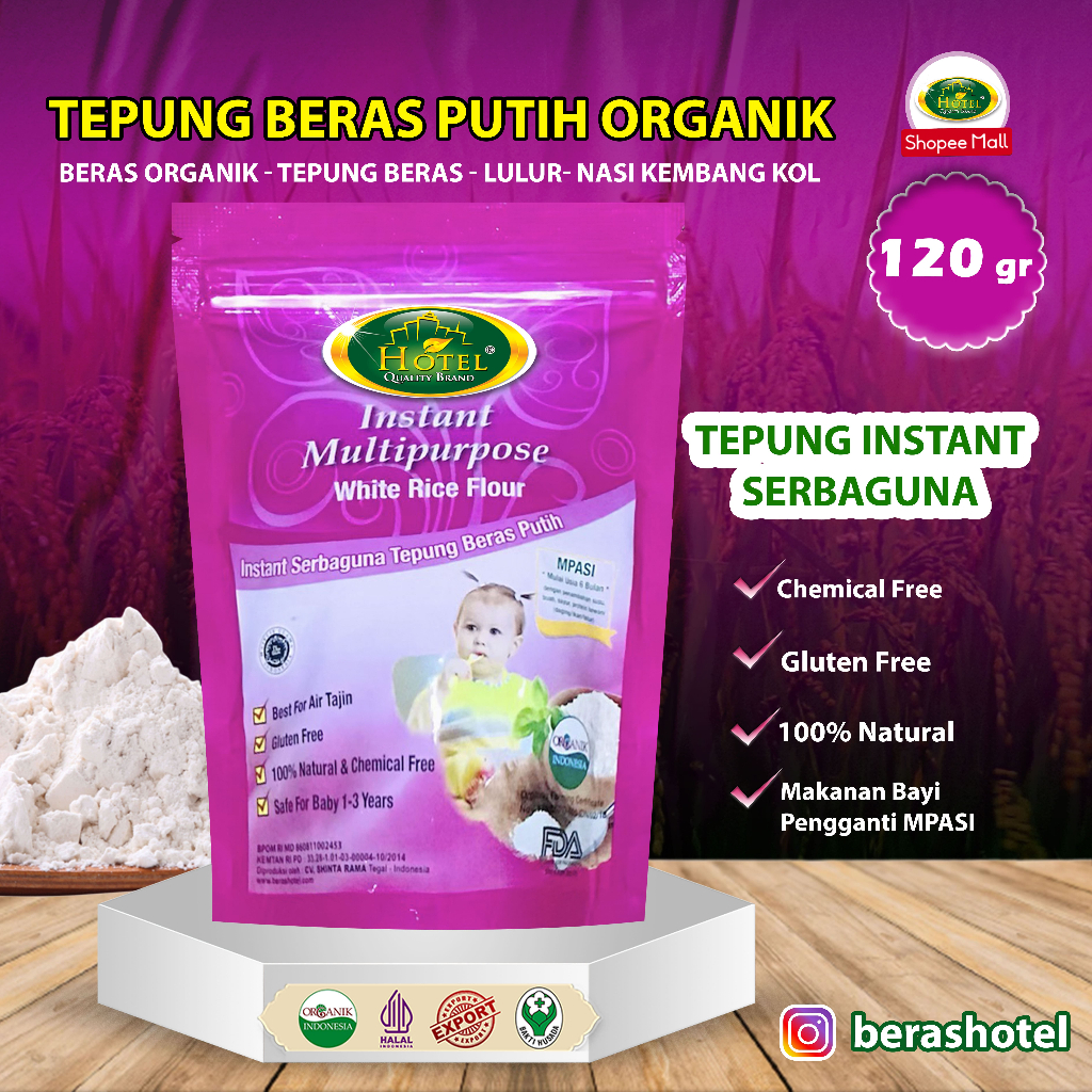 

Tepung Beras Putih HOTEL Organik Instant 120 gr - Instant Tepung Organik Beras Putih - HOTEL Tepung Putih Organik 120gr - MPASI Tepung Instant Putih - Makanan Bayi