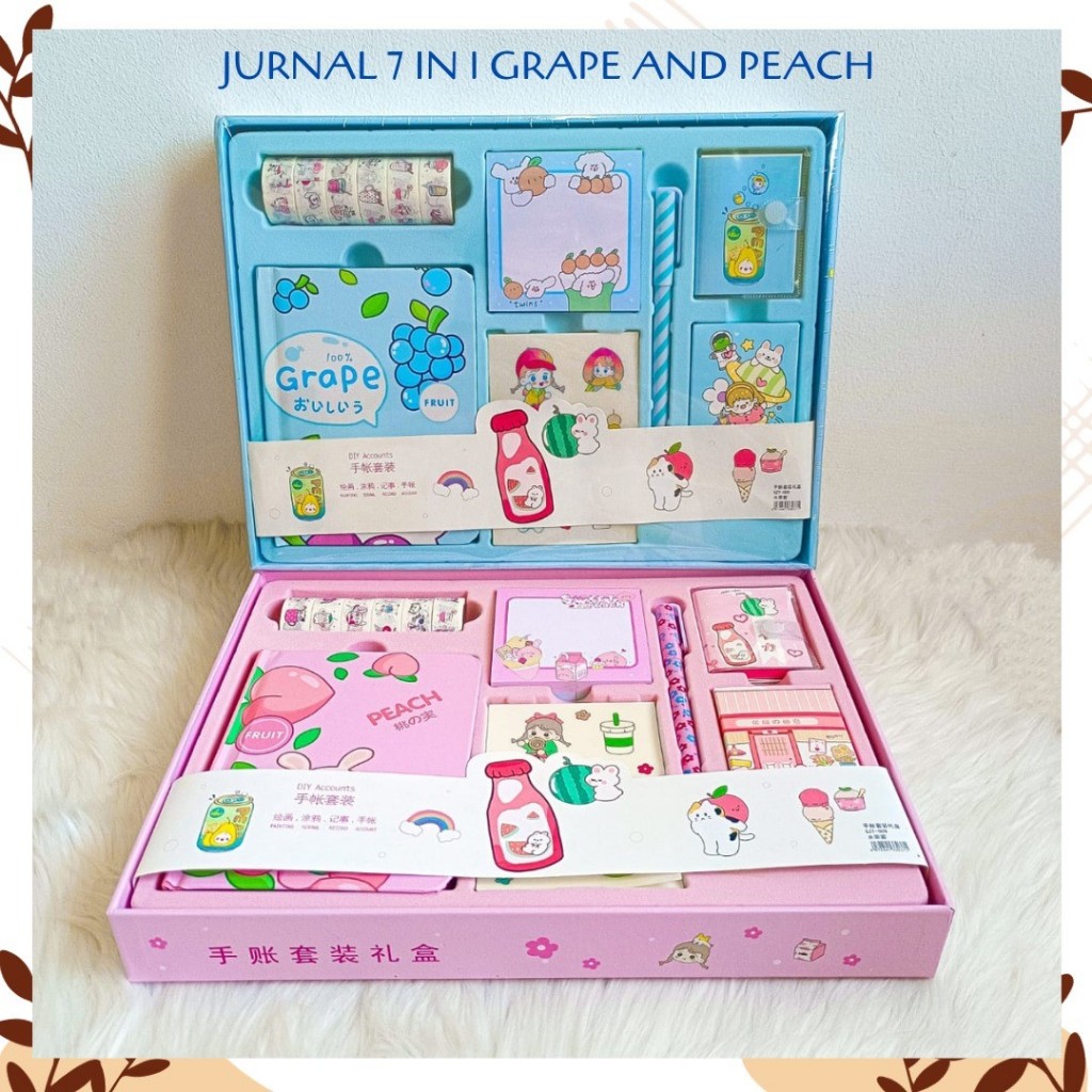 

PAKET JURNAL 7 IN 1 GRAPE AND PEACH (SOLATIP TAPE, BUKU MINI, KERTAS BINTANG, STICKY NOTES, STICKER SHEET, PUPEN) KREATIVITAS ALAT TULIS SEKOLAH