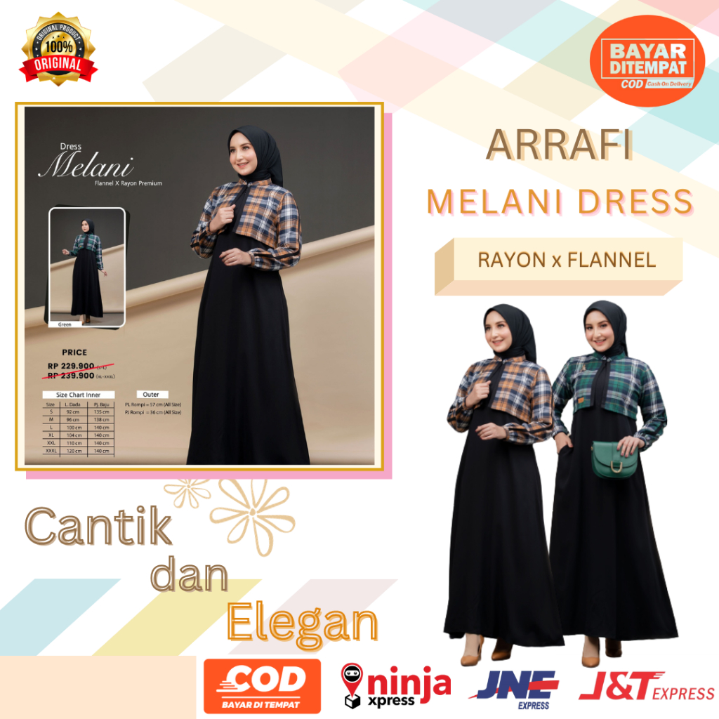 Gamis Terbaru Wanita Muslim Bahan Rayon Premium mix Flannel Melani Dress by Arrafi Kombinasi Motif Kotak-Kotak dan Polos Wudhu Friendly Bisa COD