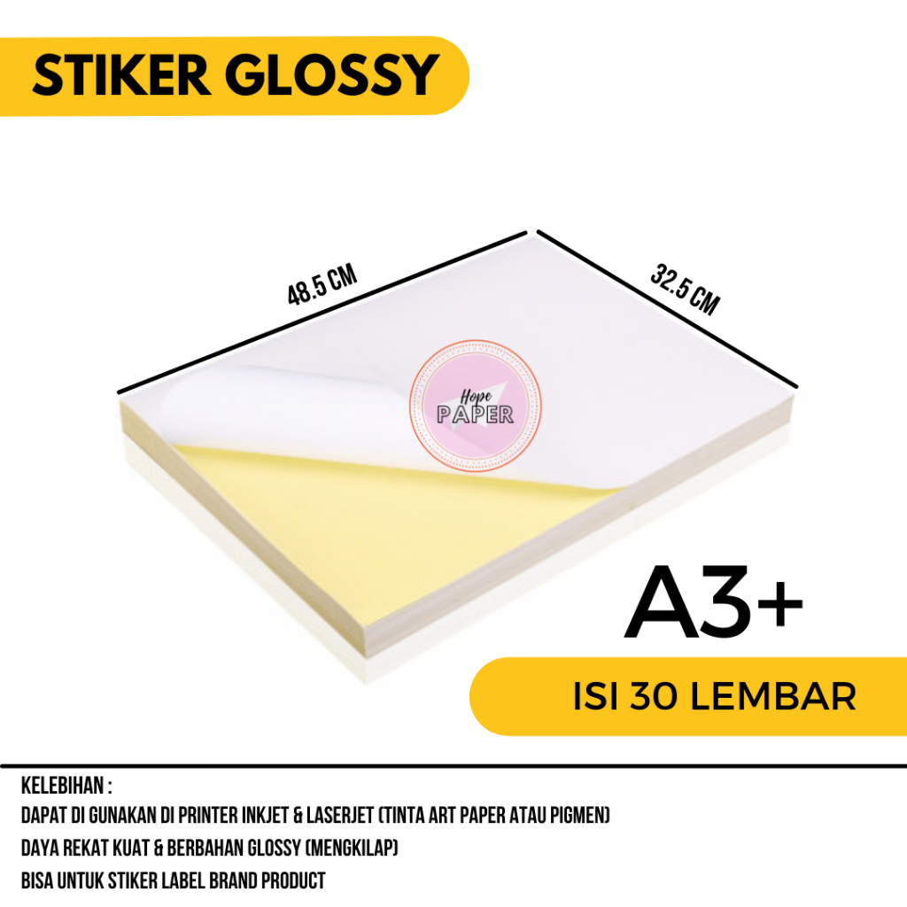 

30 Lembar Kertas Stiker A3 Plus Glossy Kertas Sticker A3+ Glossy