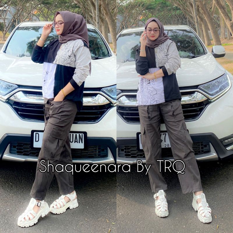 New OneSet By TRQ Shaqueenara Matt Atasan Kaos combed 20s Celana Cargo twill street import premium