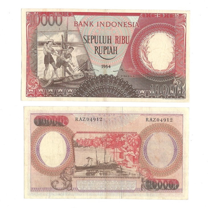Uang kuno Indonesia 10000 Rupiah 1964 (MERAH) Seri Pekerja Tangan III VG-Very Fine