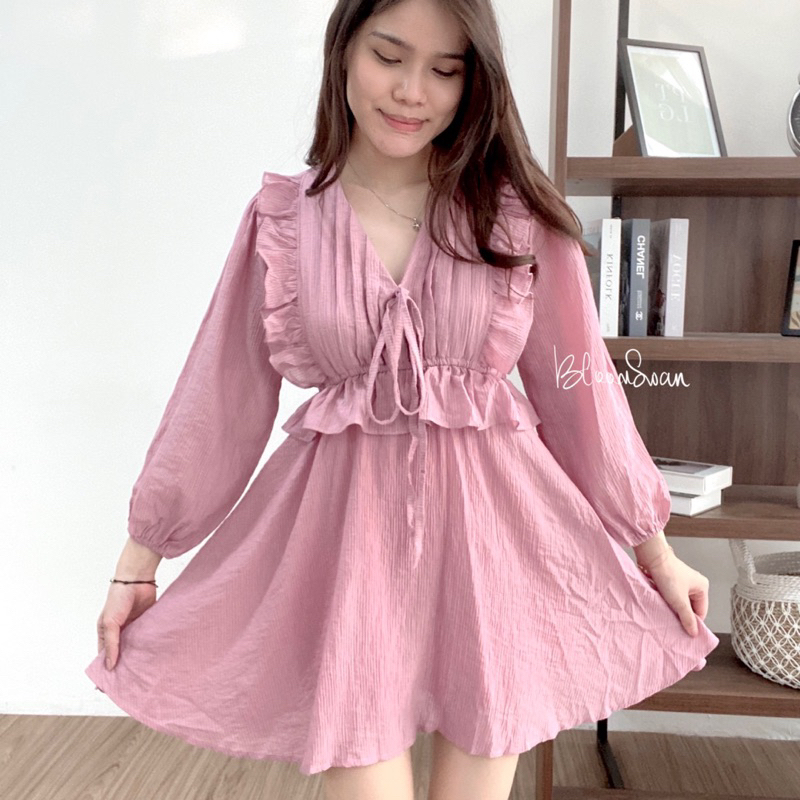 BLOOMSWAN - Lesley Dress Babydoll PREMIUM Crinkle Tangan Panjang Adem Tidak Terawang Gaun Korea Wani
