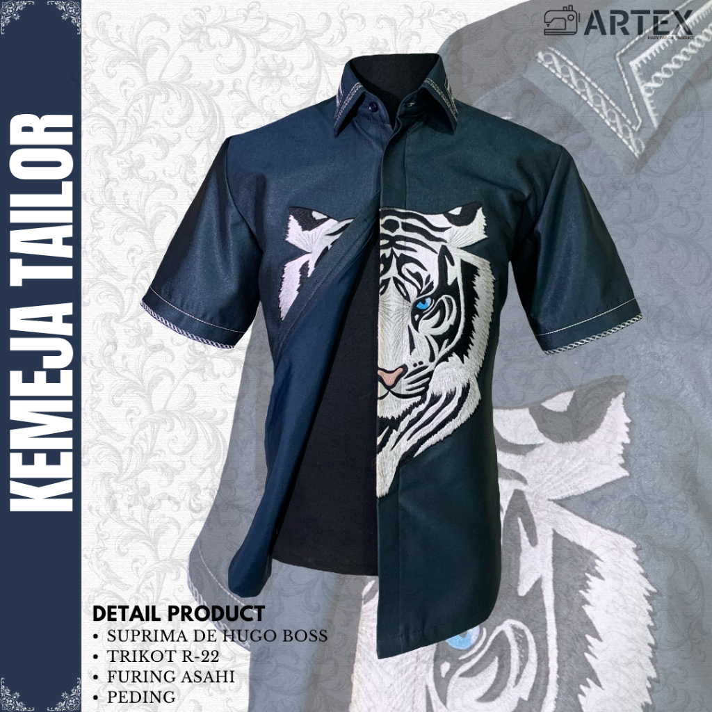 ARTEX Kemeja Tailor Bordir Harimau Manual Kemeja Pria Lengan Pendek Benang Smock & Zigzag Kualitas P