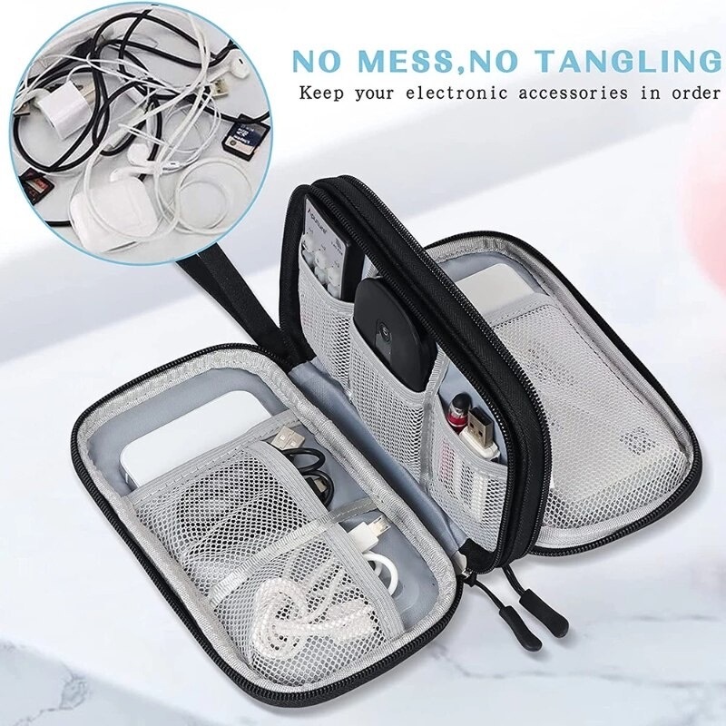 Travel Organizer Pouch Double Layer / Tas Gadget 2 Layer Powerbank Hanphone Kabel Charger Besar Waterproof