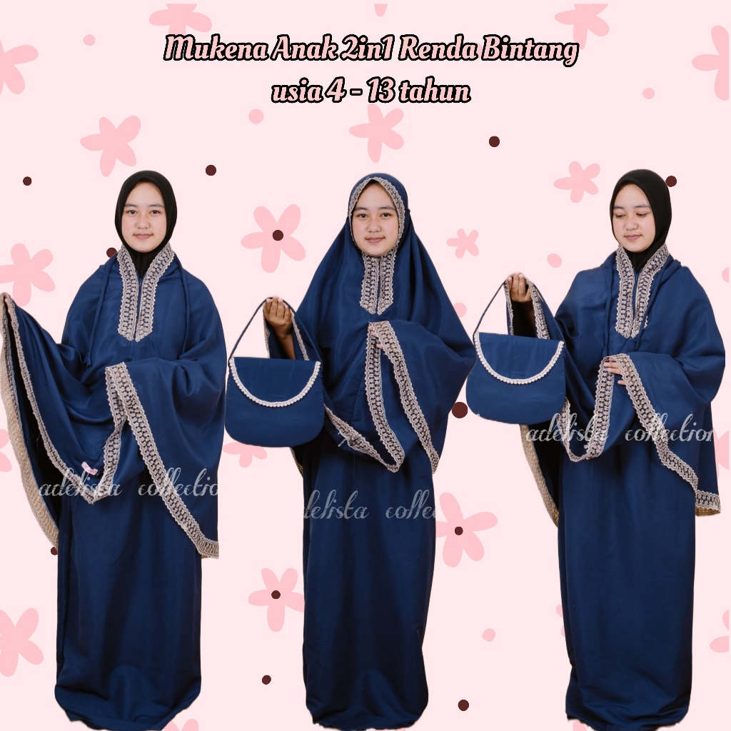 Mukena Anak Resleting Dagu 2 in 1 Mukena anak Perempuan Mukena Anak Warna navy