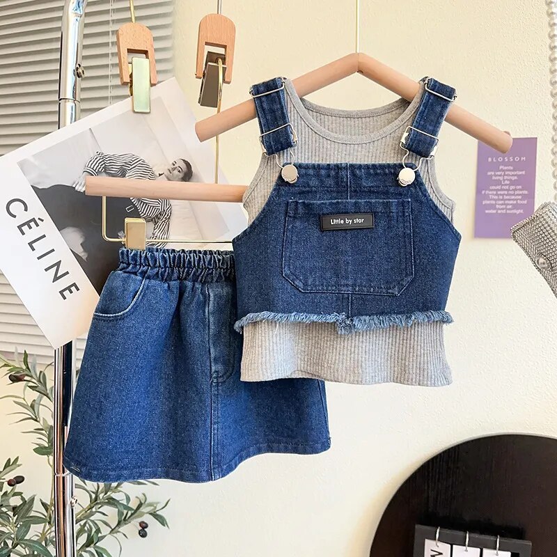 Setelan 3 in1 Anak CEWEK ROMPI SAKU RAWIS Jeans Atasan Tanktop - Rompi Jeans - Rok Import