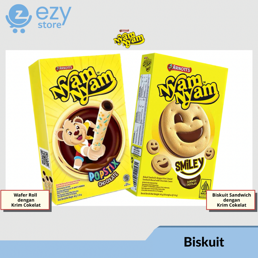 

Nyam Nyam Smiley 45 gram / Nyam Nyam Popstix 48 gram / Nyamnyam / Biskuit Cokelat / Wafer Roll