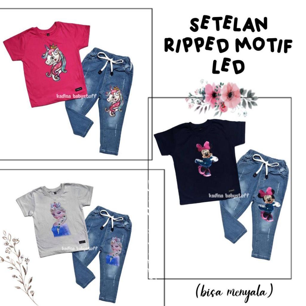 SETELAN JEANS ANAK PEREMPUAN/ CELANA RIPPED JEANS ANAK MINNIE MOUSE UNICORN FROZEN/ KAOS LED (Menyal