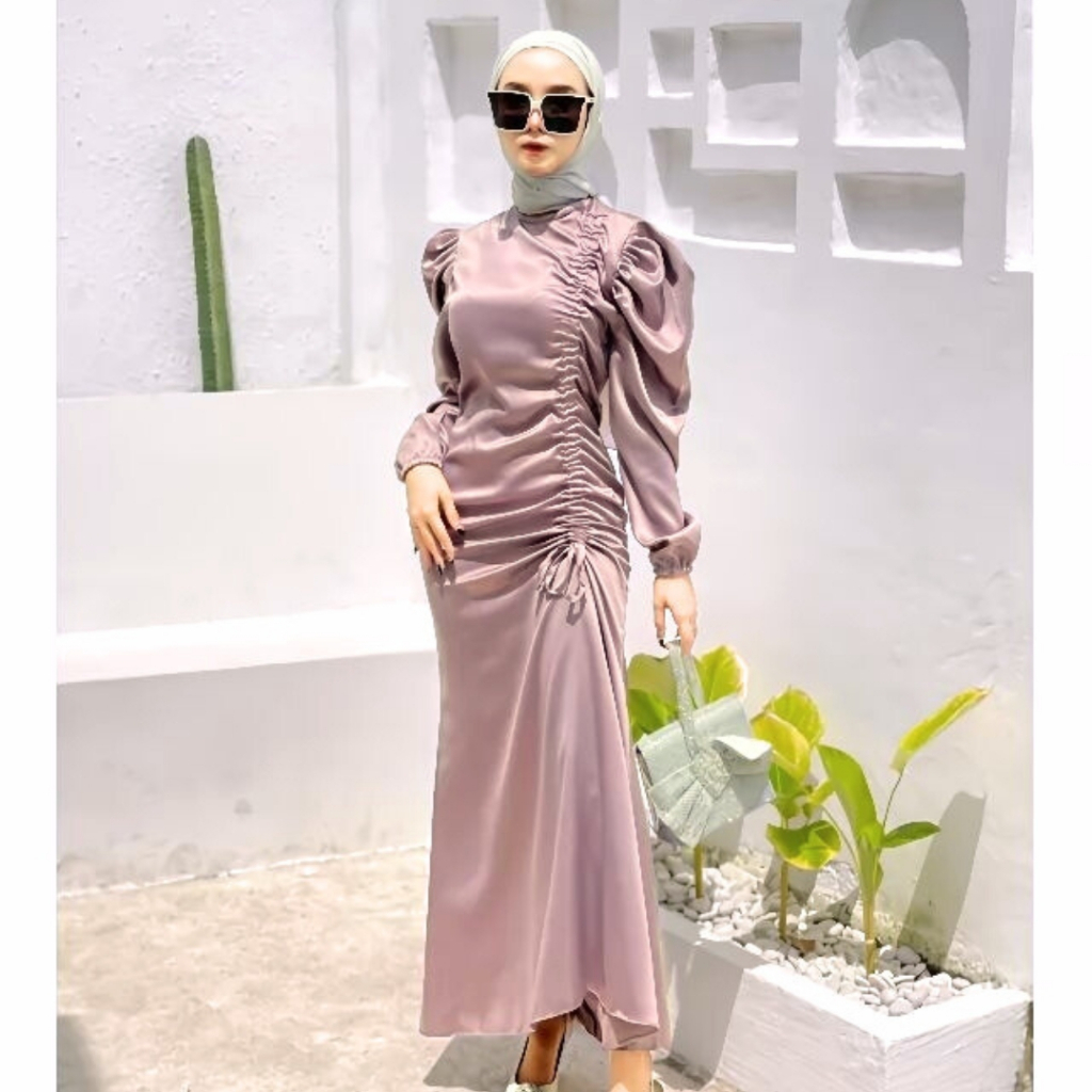 Mimosa Dress Serut Samping Satin Silk Premium | Gamis Serut Wanita Kondangan | Dress Satin Bridesmai