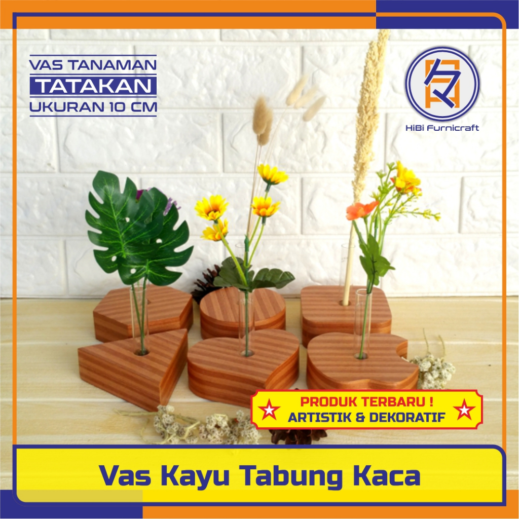 Vas Bunga Kayu Tatakan | Vas Bunga Tabung Kaca | Vas Bunga Modern Minimalis