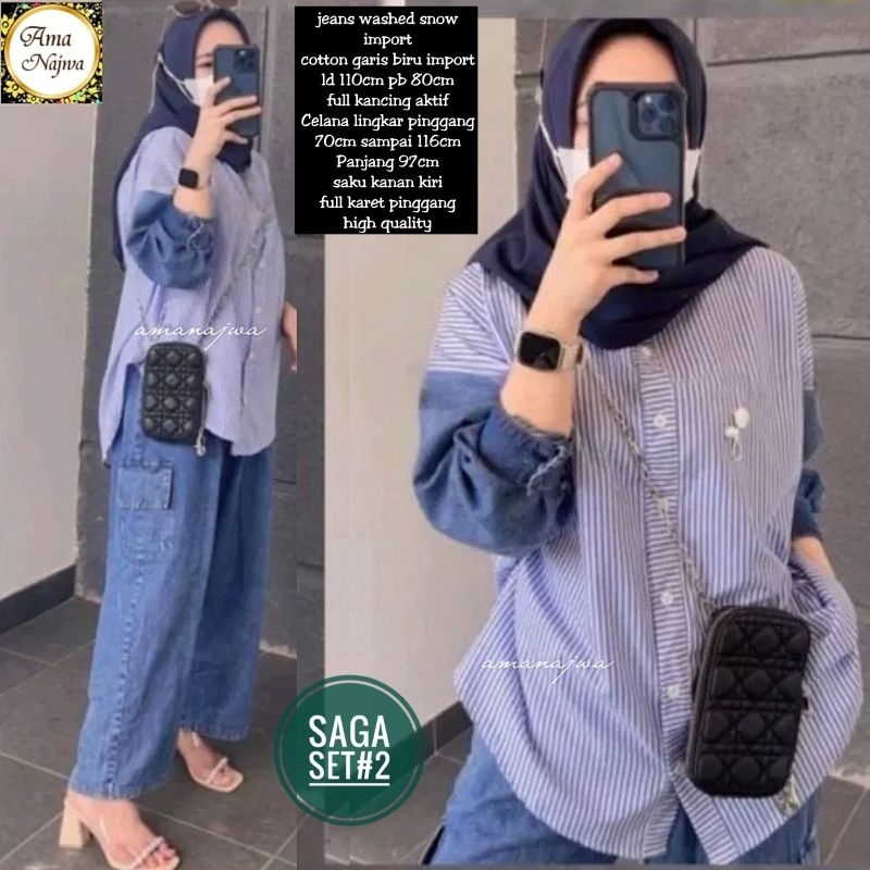 Saga#2 One Set Setelan Celana Kulot Blouse Jeans Mix Katun Salur Garis Ld 110 Jumbo Fit XXL By Amj