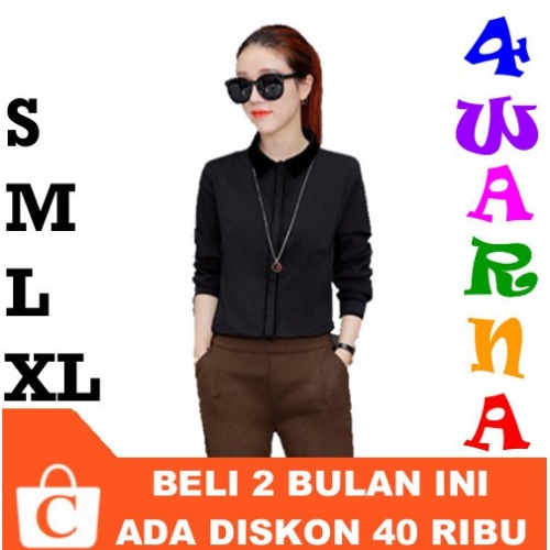 4 WARNA S M L XL - Kemeja Wanita Hem Cewek Lengan Panjang Polos Kerah Garis Tengah Kombinasi HITAM