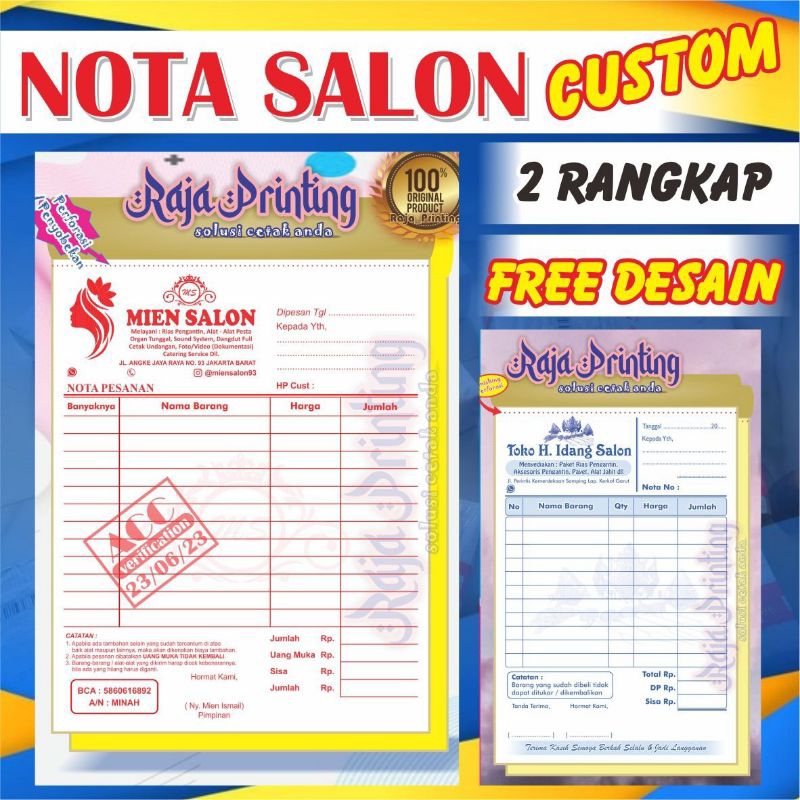 

Nota Salon Custom Request Nama Toko 1/4 Folio 2 Rangkap Gratis Desain Isi 50 Set