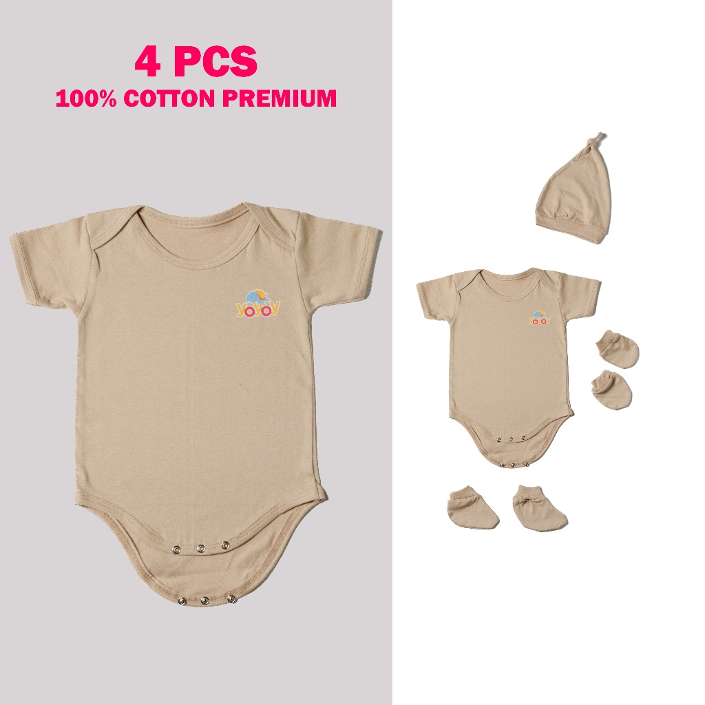 Baju Bayi Baru Lahir Satu Set Lengan Pendek Bodysuit Polos Earhtone Series For Baby Boy&Girl Topi Da