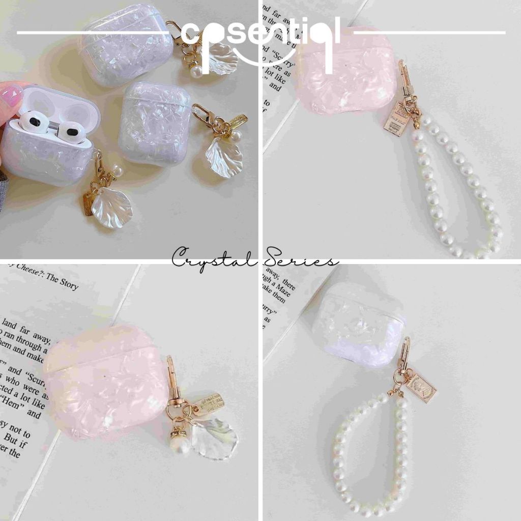 COD Case Airpods Gen 1/2 Gen 3 Pro Inpods 12 i12 | Gojodoq | Minibest | Crystal Mutiara Dengan Gantungan Kunci Model Mutiara Kerang / Shell | Pink &amp; Putih  Protection Case | Soft case | Casing Premium