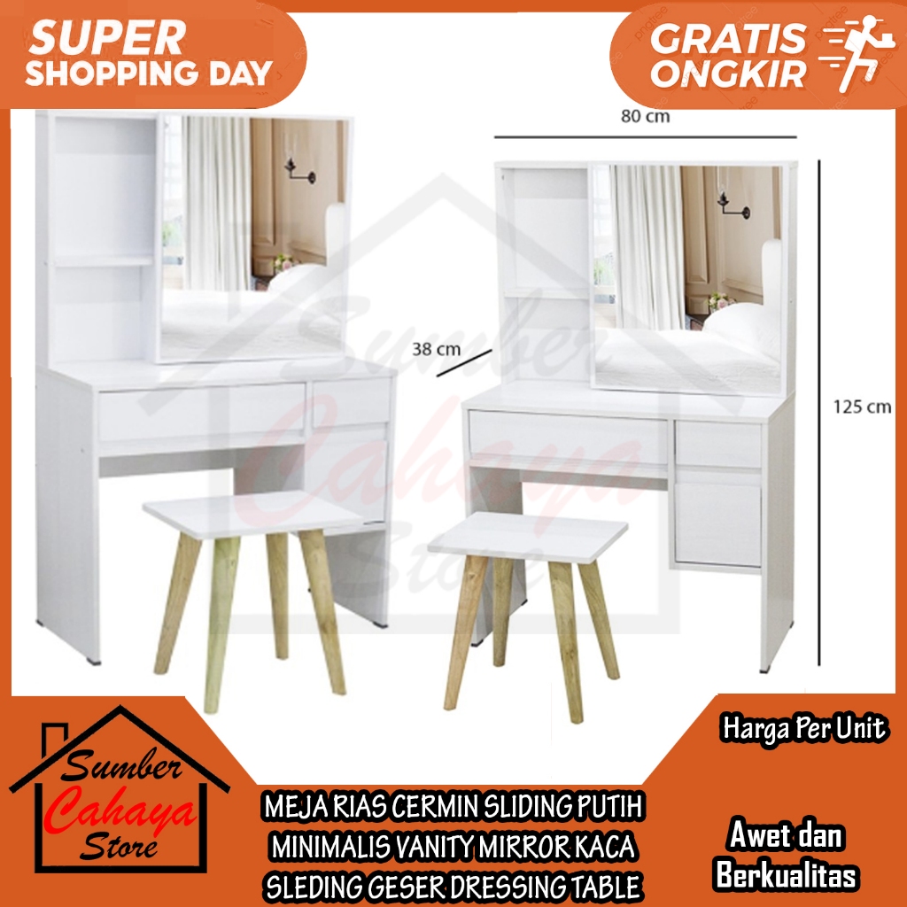 [Kargo] MEJA RIAS CERMIN SLIDING PUTIH MINIMALIS VANITY MIRROR KACA SLEDING GESER DRESSING TABLE MOD