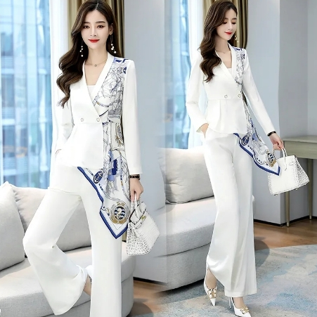 White Stylish Elegant Pant Suits Women Korean Crop Blazer and