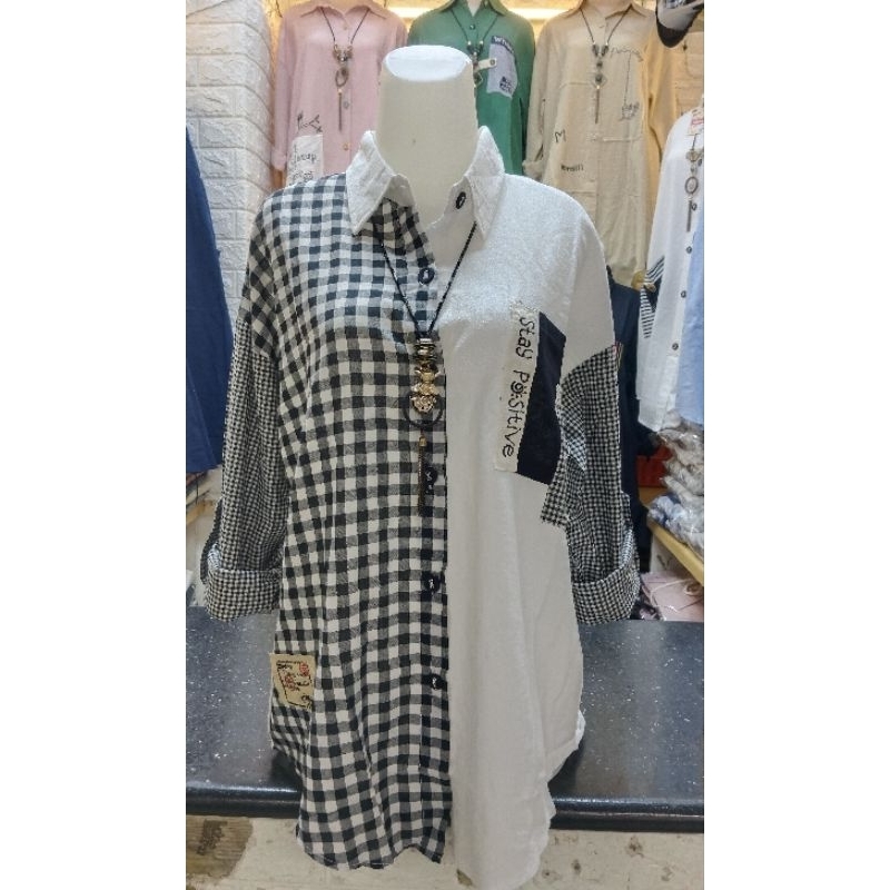 Atasan kemeja wanita kombinasi kotak-kotak katun linen import lubana#6519