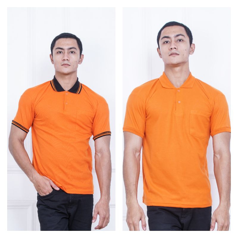 Polo Shirt Pria Lengan Pendek Atasan Kaos Kerah Polos Bahan Lakos Warna Orange Polos & Kombinasi