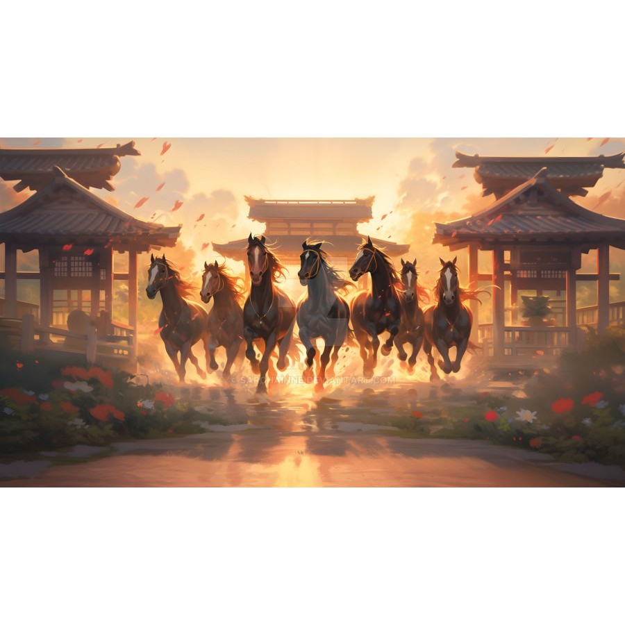 Poster Lukisan Fengshui Kuda Lari - Lucky Running Seven Horses - Hoki