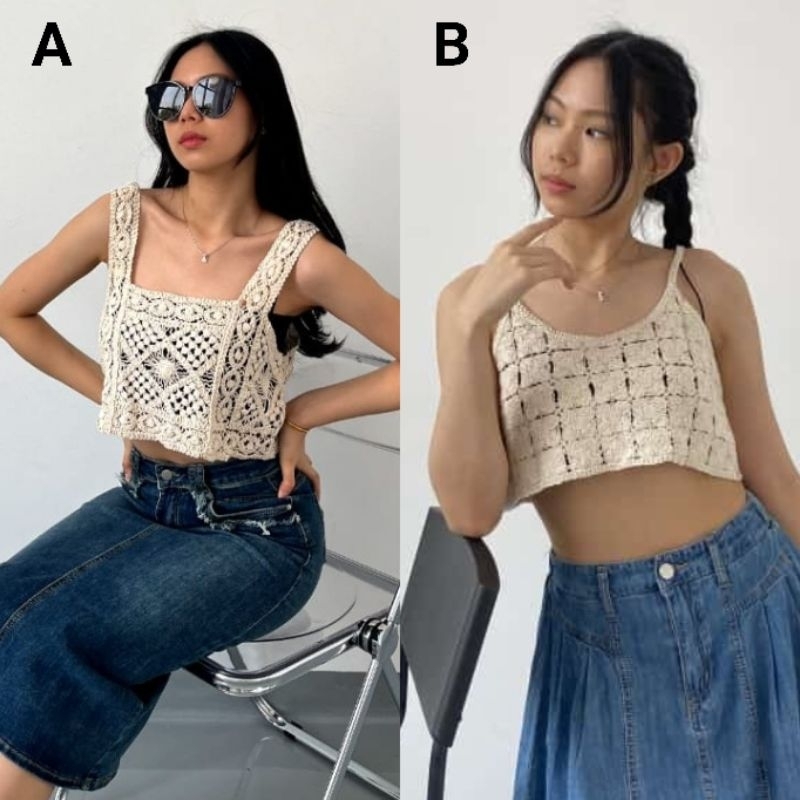 PINKDOSE || Korean Lace Crop Top Elise Crochet Vest Rajut Import New