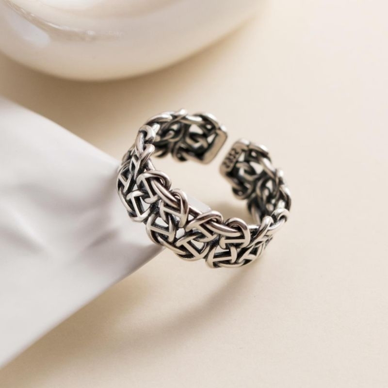 Cincin Motif Rantai Anyam Silver Adjustable/Cincin Jari Openwork Cross Cuff Perak Thailand untuk Wan