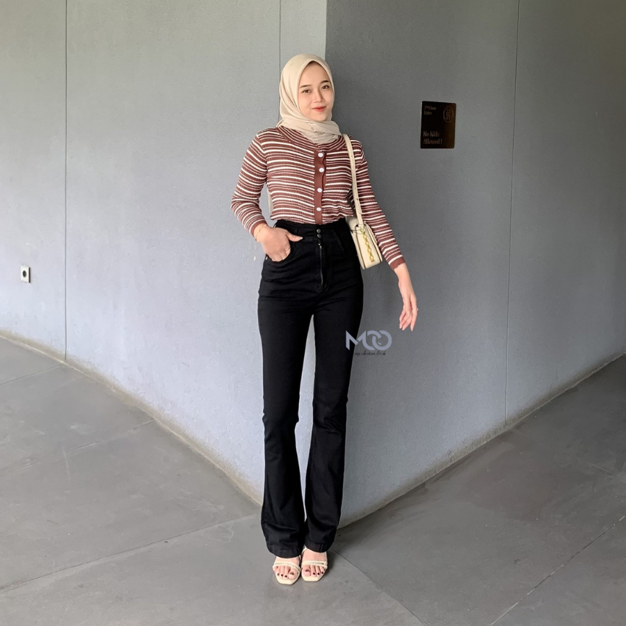 CUCI GUDANG [MCOJEANS] ULTRA HIGHWAIST CUTBRAY LONG PANTS BLACK KANCING 2 BOOT CUT CELANA JEANS