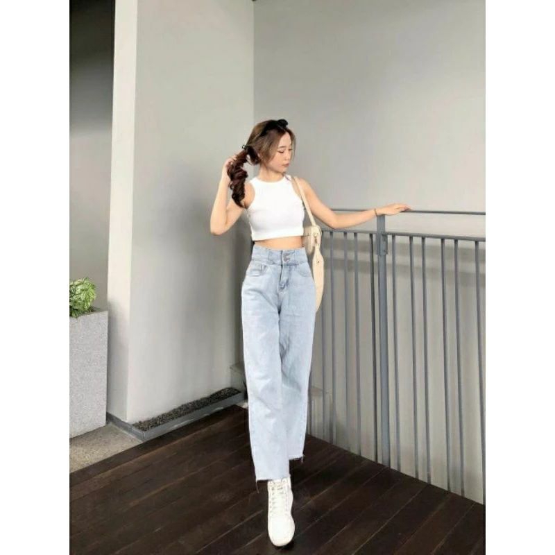 Celana Jeans Kulot Lose Wanita Skinny Panjang Streach Korean Style Outfit High Waist Kancing 2 Model