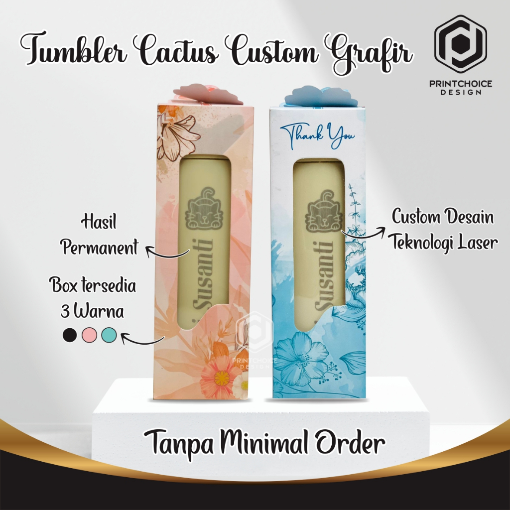 Botol Kaca Tumbler Kaktus Custom Grafir Nama Logo Perusahaan Satuan