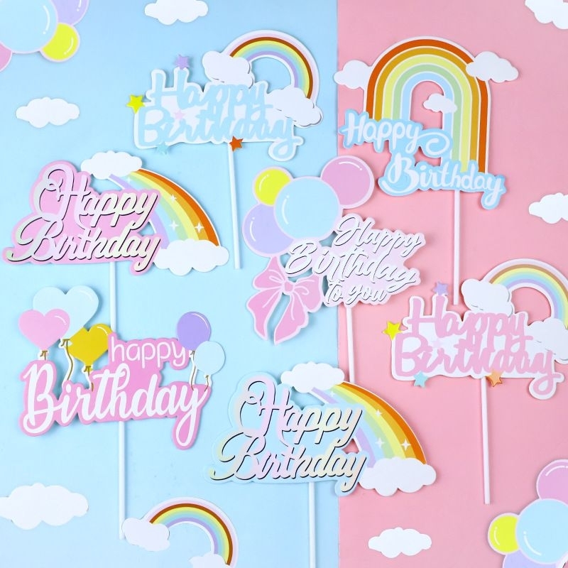Cake Topper Happy Birthday Rainbow / Topper HBD Pelangi / Hiasan Kue Ultah / Rainbow Cake Topper