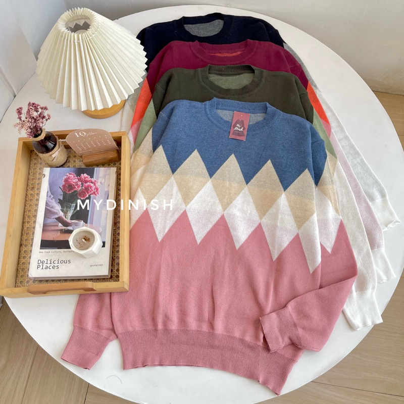 Sindia Sweter Katun Rajut Wanita Motif Zigzag Korean Style