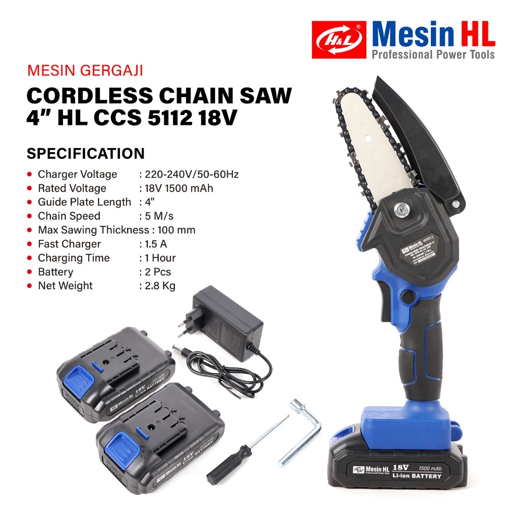 Promo H&L Ccs-5112 Gergaji Chainsaw Baterai Cordless Saw / Gergaji Chain Saw 18V