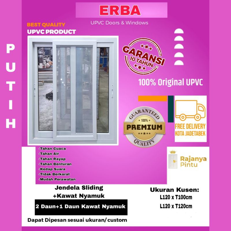 Jendela Sliding Upvc Erba Super Premium 2daun+1daun kawat nyamuk
