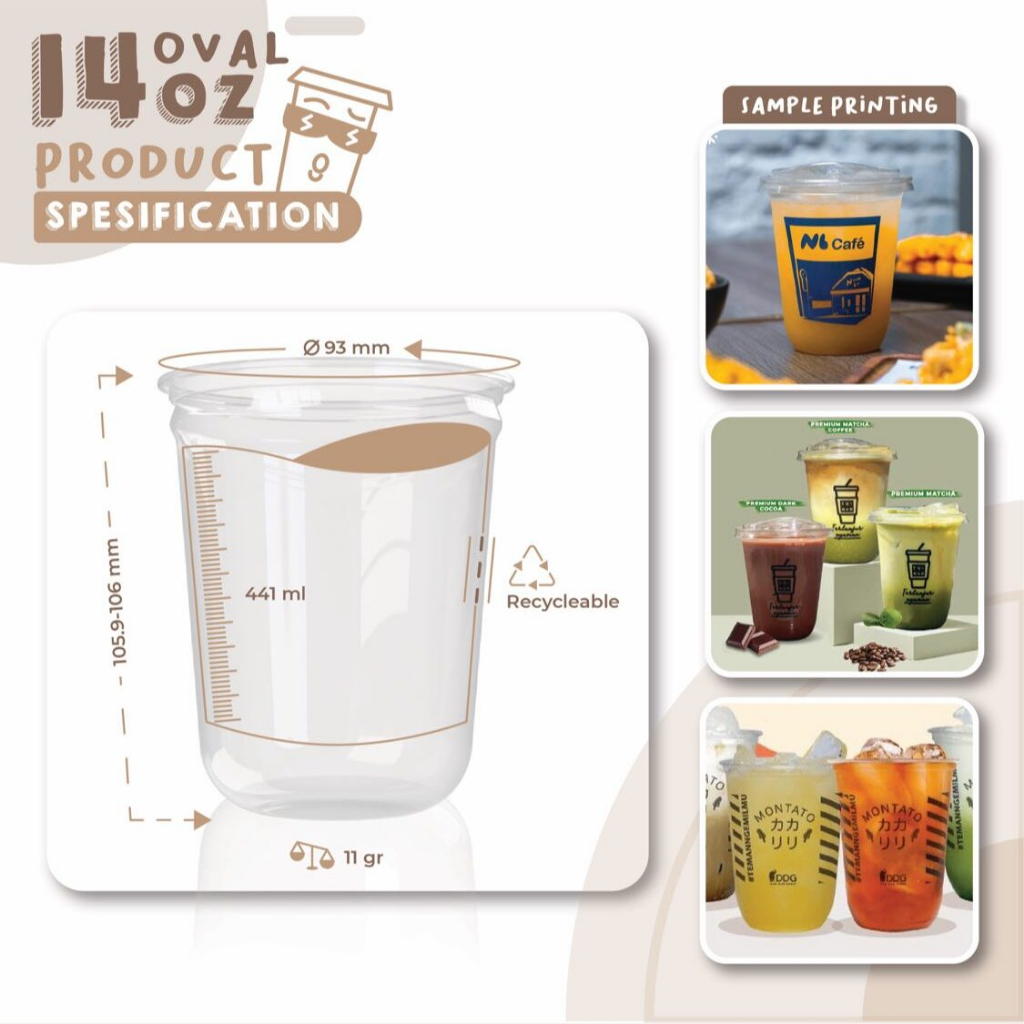Cup Gelas PET 14 Oz Oval  - Gelas Cup 14oz Kopi Coffee Teh Juice Strawless - ISI 50 PCS