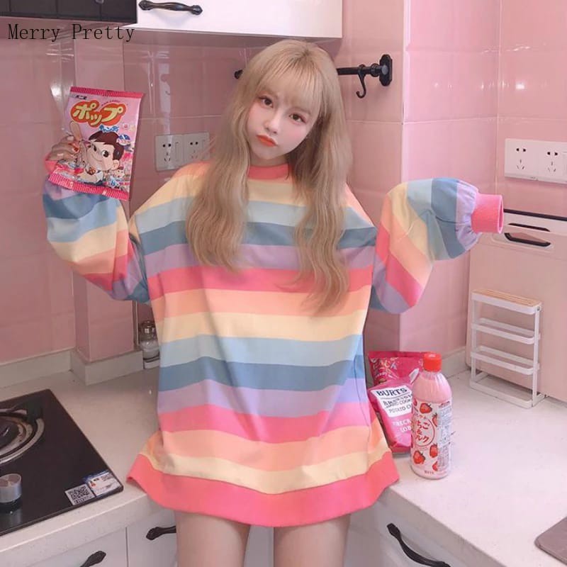 baju lengan panjang strap rainbow sweater oversize wanita