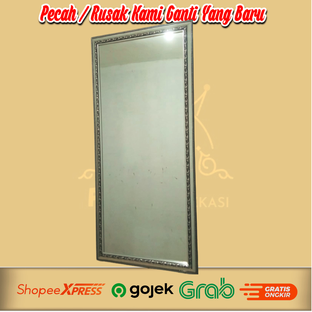 Kaca Cermin Dinding / Gantung Bingkai Corak Silver Ukuran 50 x 100 Cm Full Bingkai