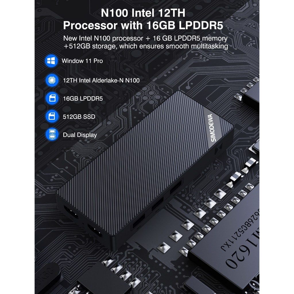 MiniPC Stick Simodewa S260 Intel N100 16GB LPDDR5 512GB SSD Dual HDMI WiFi6 Windows 11 Pro