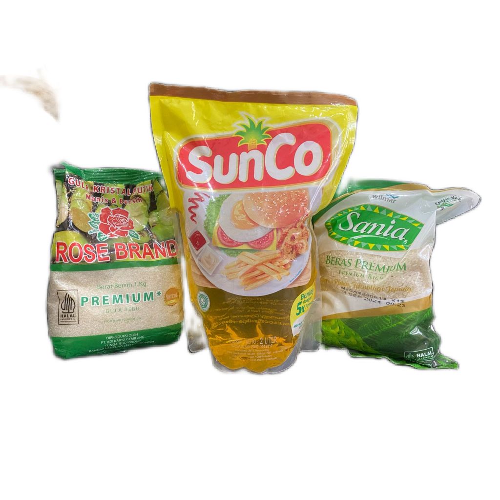 

paket sembako ( Minyak Goreng Sania 2L + Gula Rose Brand 1Kg + beras Sania 1Kg)