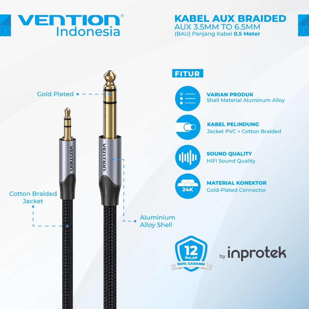 Vention Kabel Audio Aux 6.5mm to 3.5mm Stereo TRS Braided for Mixer