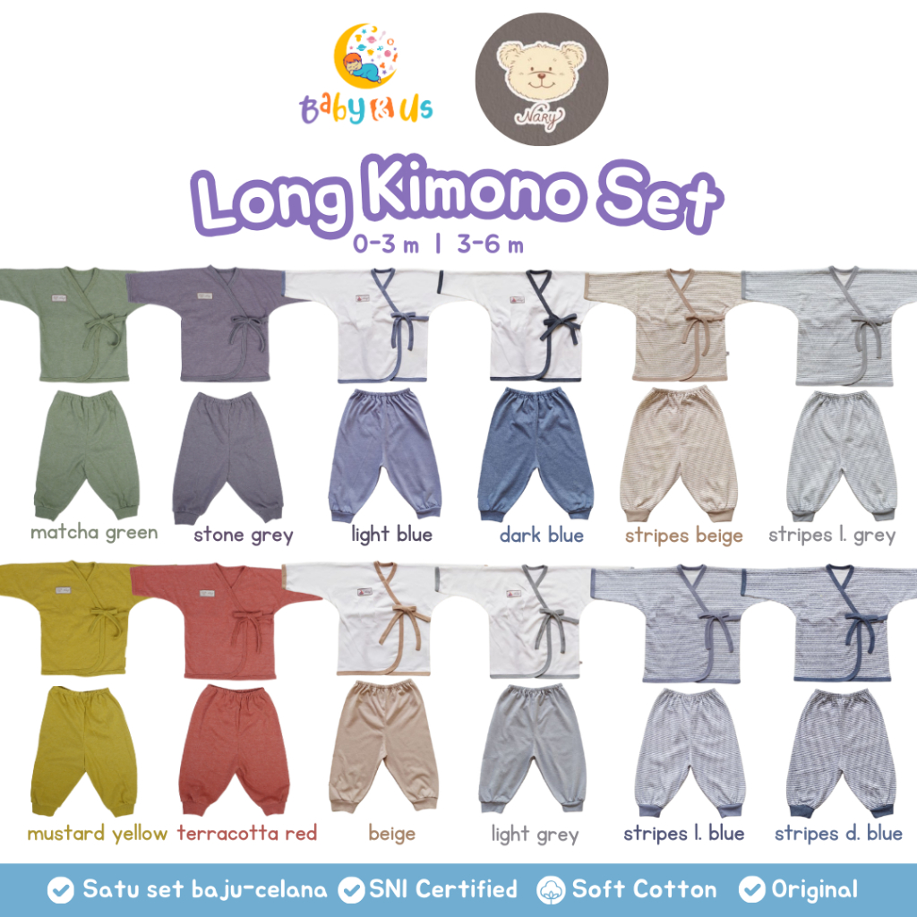 Kimono Panjang Set Nary Baby - Set Kimono Bayi Lengan Panjang Celana Panjang Bahan Kaos 0-3 3-6 bula