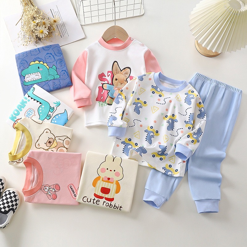 Sunny Stars Setelan Piyama Anak Perempuan Laki-Laki Satu Set Baju Tidur Kaos Lengan Tangan Panjang C